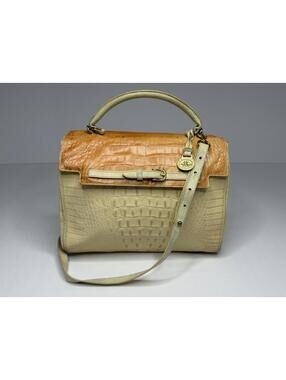 Rare Vintage BRAHMIN Cream & Brown Crocodile Embossed Flap Over Purse P65C